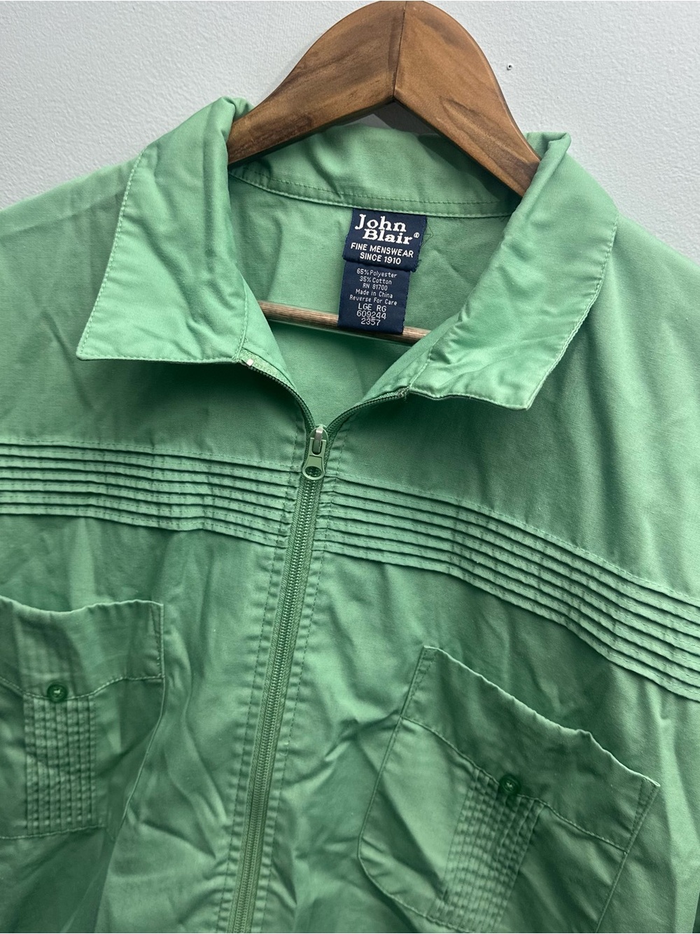 Vtg 80s John Blair Large Green Full Zip Up Banded Waist Cabana Bowling Shirt